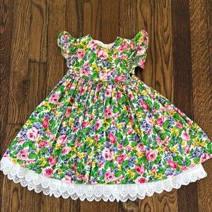 Girls Floral Flutter Sleeve Dress in Pink & Green
